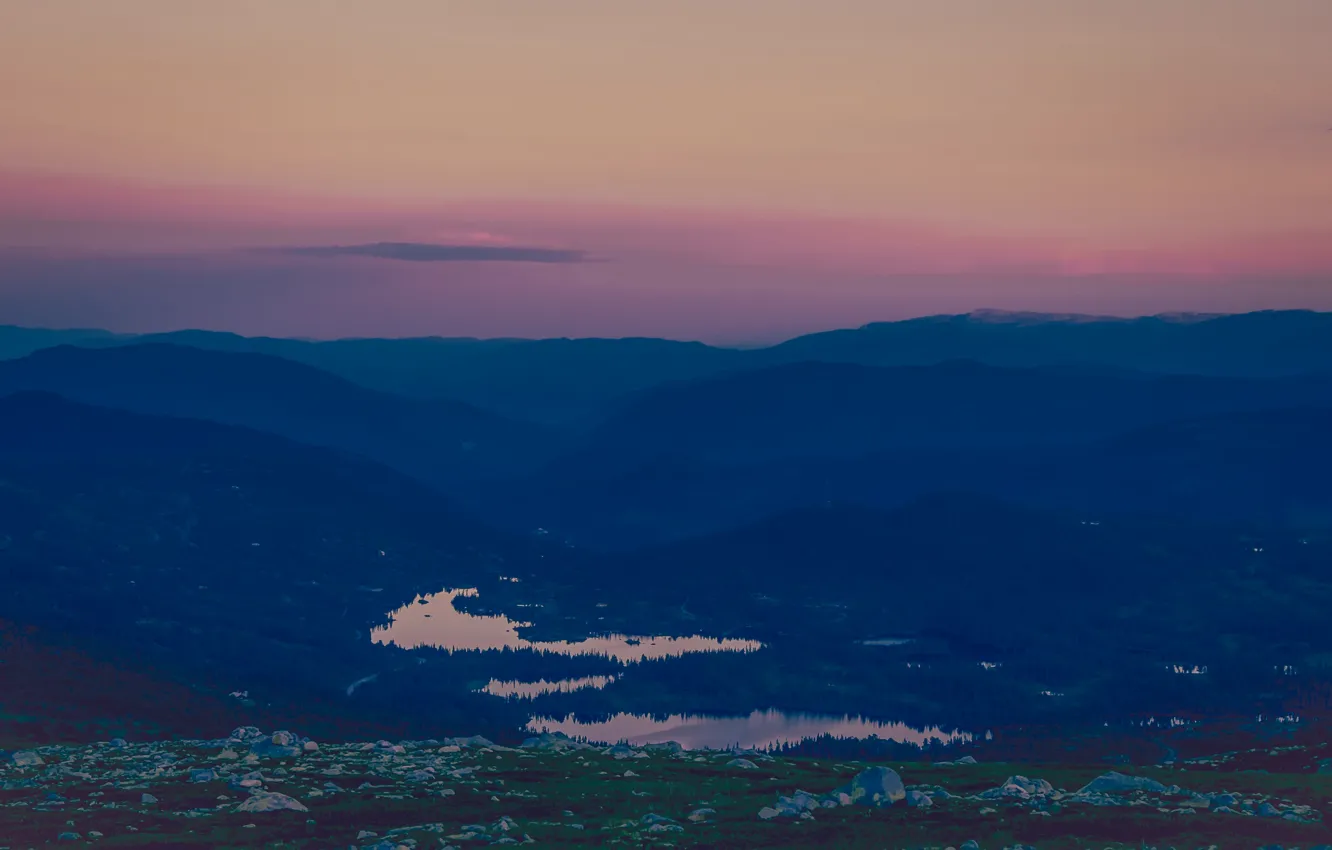 Photo wallpaper river, sky, trees, sunset, mountains, clouds, hills, hill