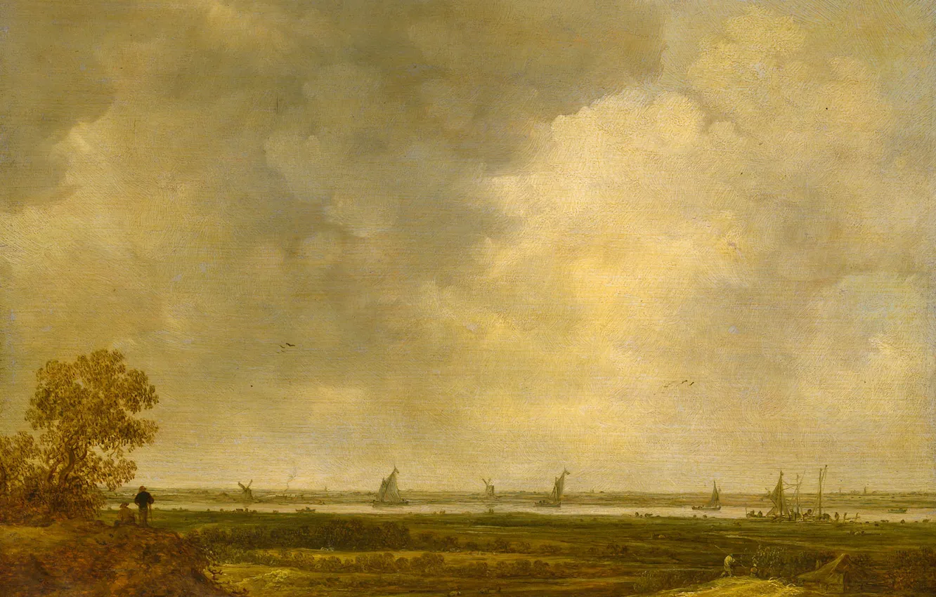 Photo wallpaper landscape, oil, picture, Jan van Goyen, The view of the Floodplain of the River