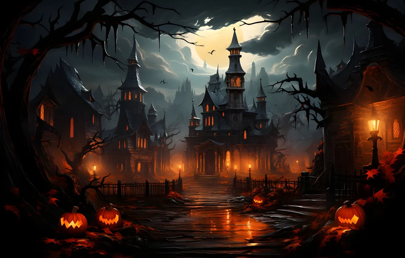 Photo wallpaper trees, night, clouds, lights, the moon, home, Halloween, pumpkin