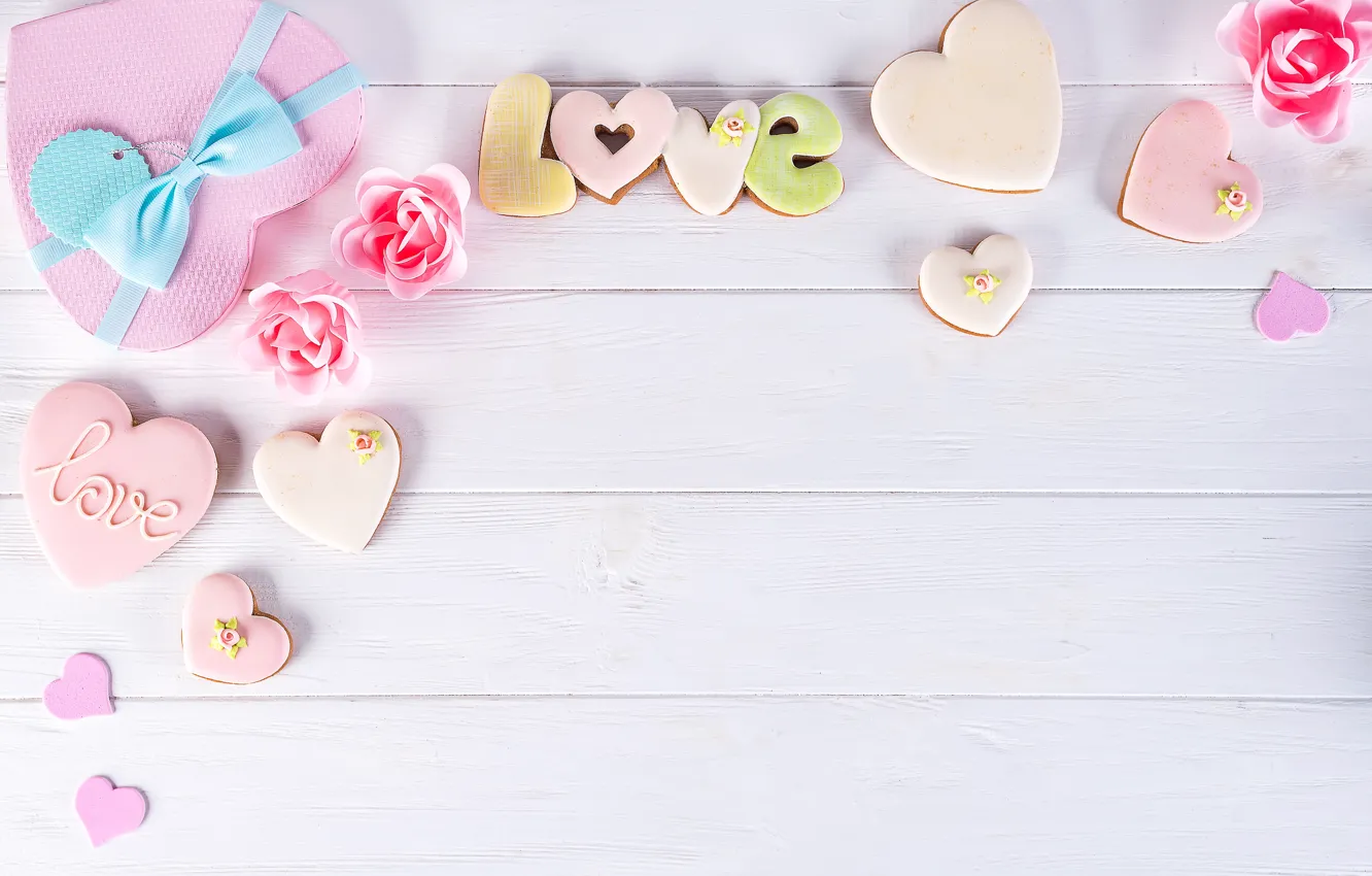 Photo wallpaper box, gift, heart, roses, love, heart, pink, romantic