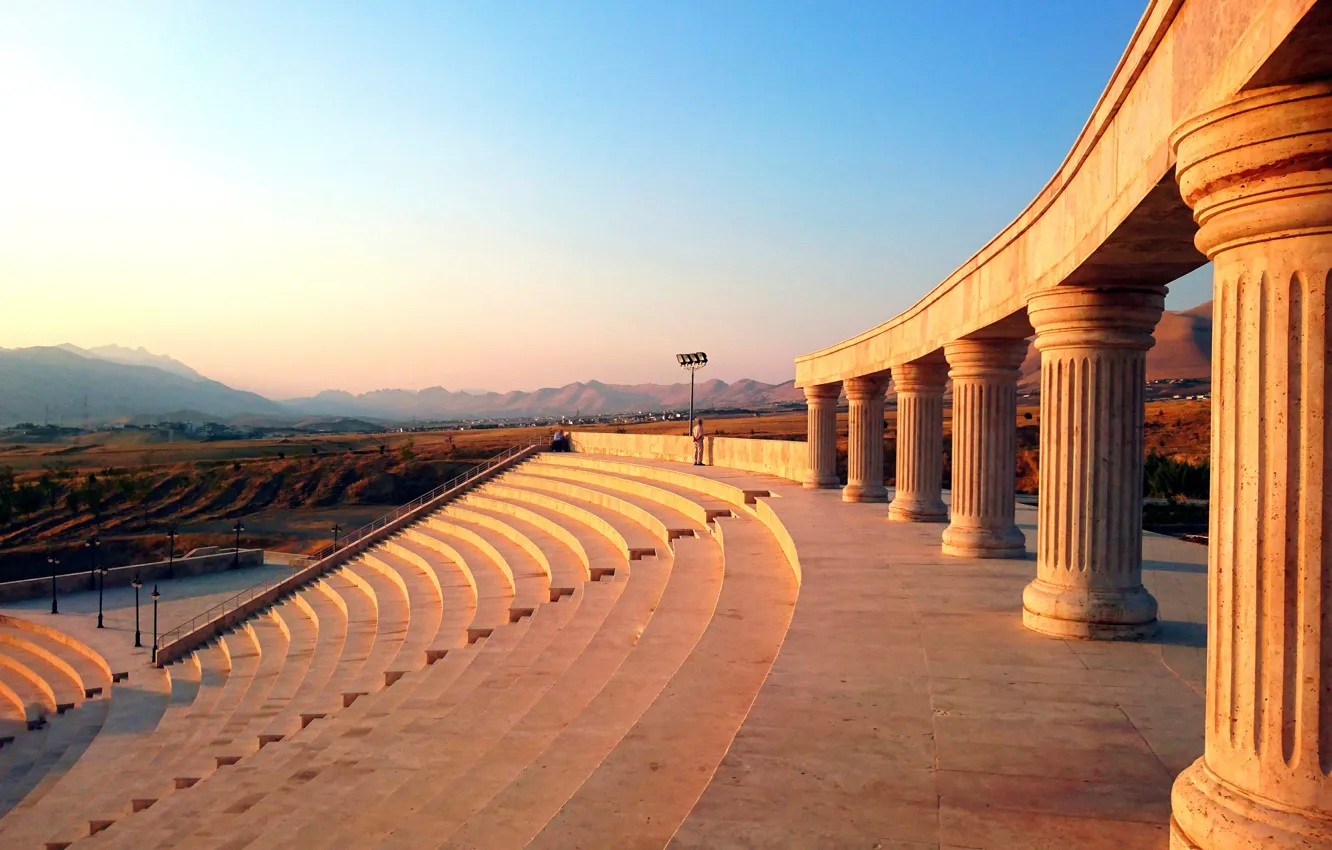 Photo wallpaper sunset, view, romantic, steps, stage, relaxing, pillars, Kurdistan
