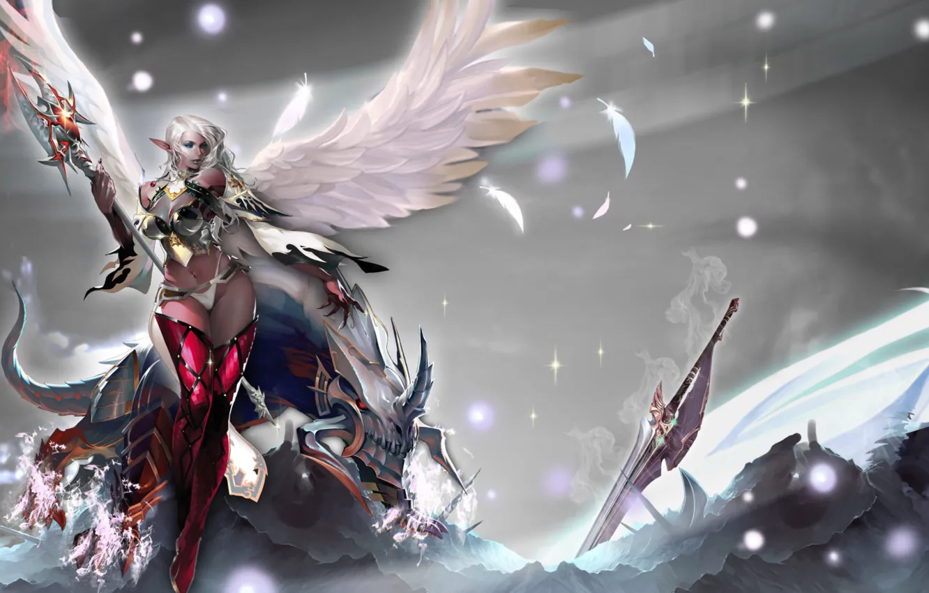 Photo wallpaper girl, magic, wings, monster, sword, staff, Lineage, armor