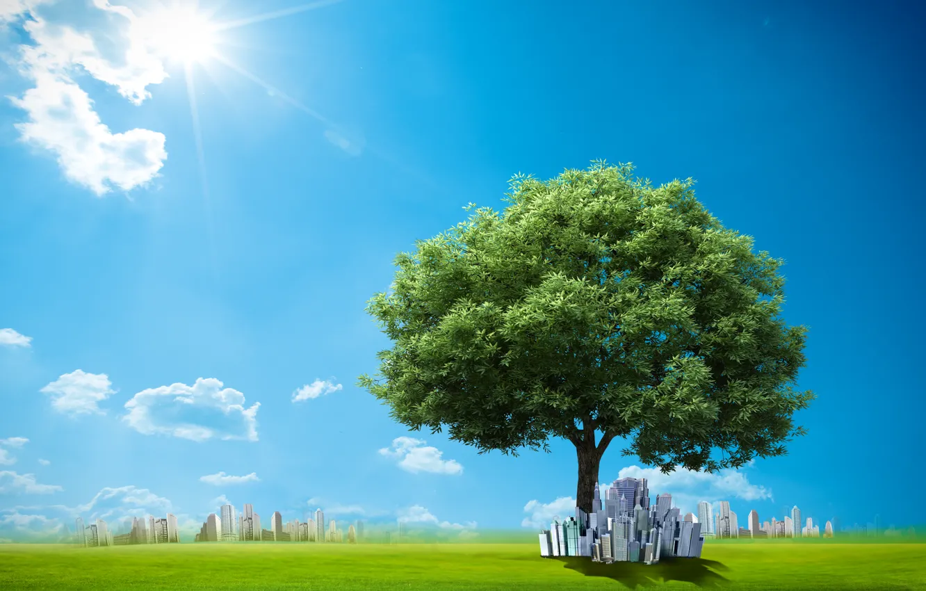 Photo wallpaper the sky, grass, the sun, clouds, trees, creative, building, lawn