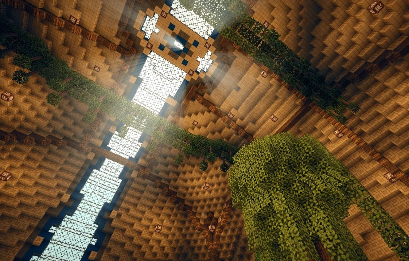 Photo wallpaper glass, light, tree, foliage, ray, the dome, unit, Minecraft