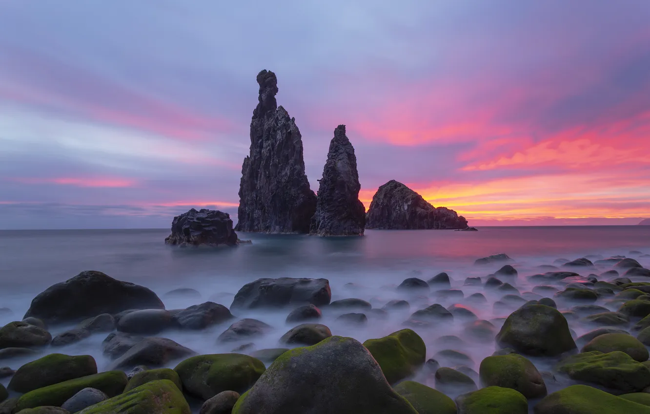 Photo wallpaper sea, the sky, clouds, light, sunset, fog, stones, rocks