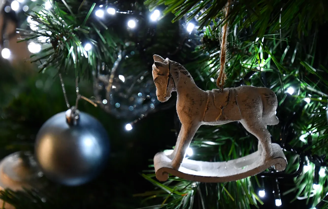 Photo wallpaper winter, branches, horse, holiday, horse, toy, ball, Christmas