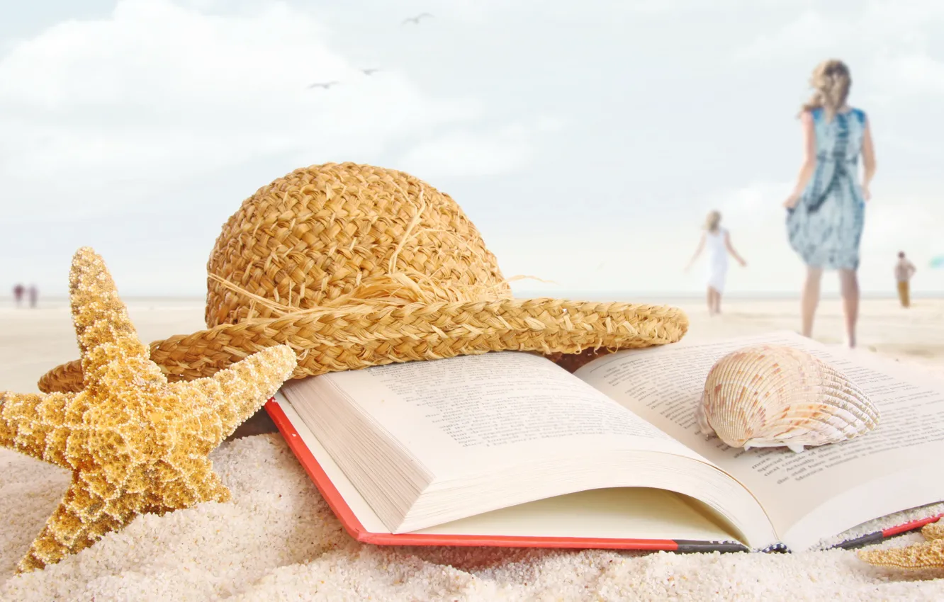 Photo wallpaper sea, beach, girl, style, stay, shore, hat, book