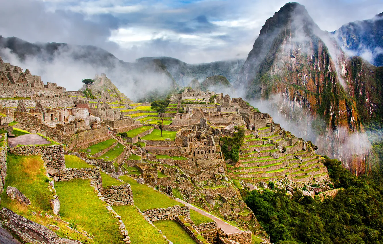 Photo wallpaper mountains, the city, fog, slope, ruins, Peru, Machu Picchu