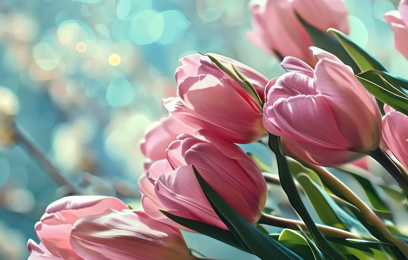 Photo wallpaper light, flowers, holiday, bouquet, tulips, pink, blue background, bokeh