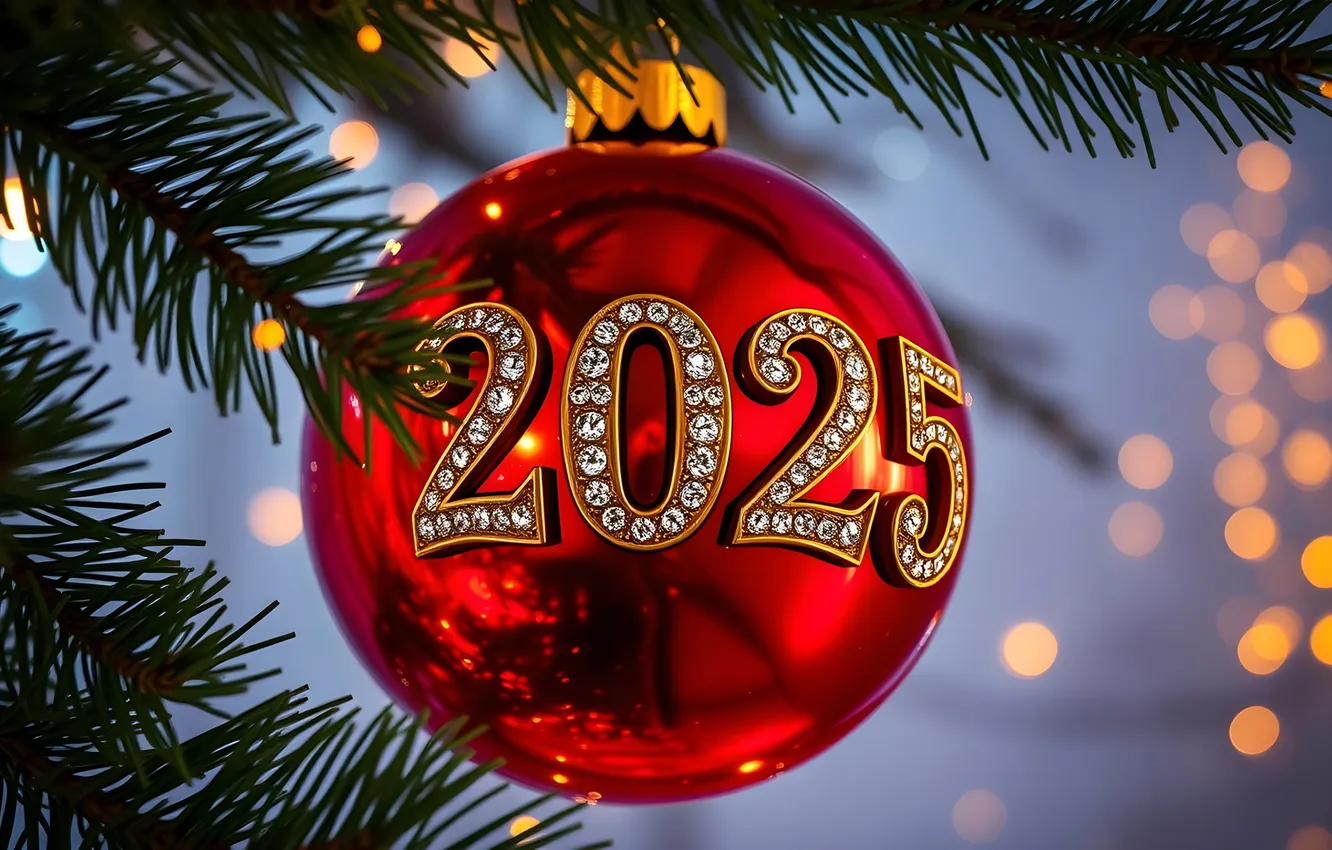 Photo wallpaper balls, toy, tree, figures, sphere, needles, year