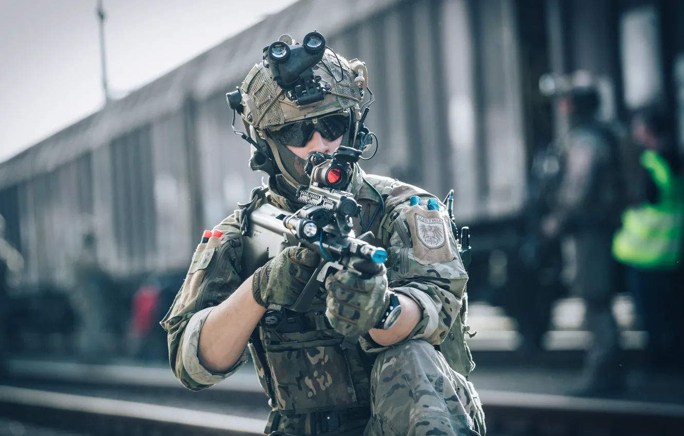 Photo wallpaper weapons, background, glasses, soldiers, helmet, equipment, maneuvers