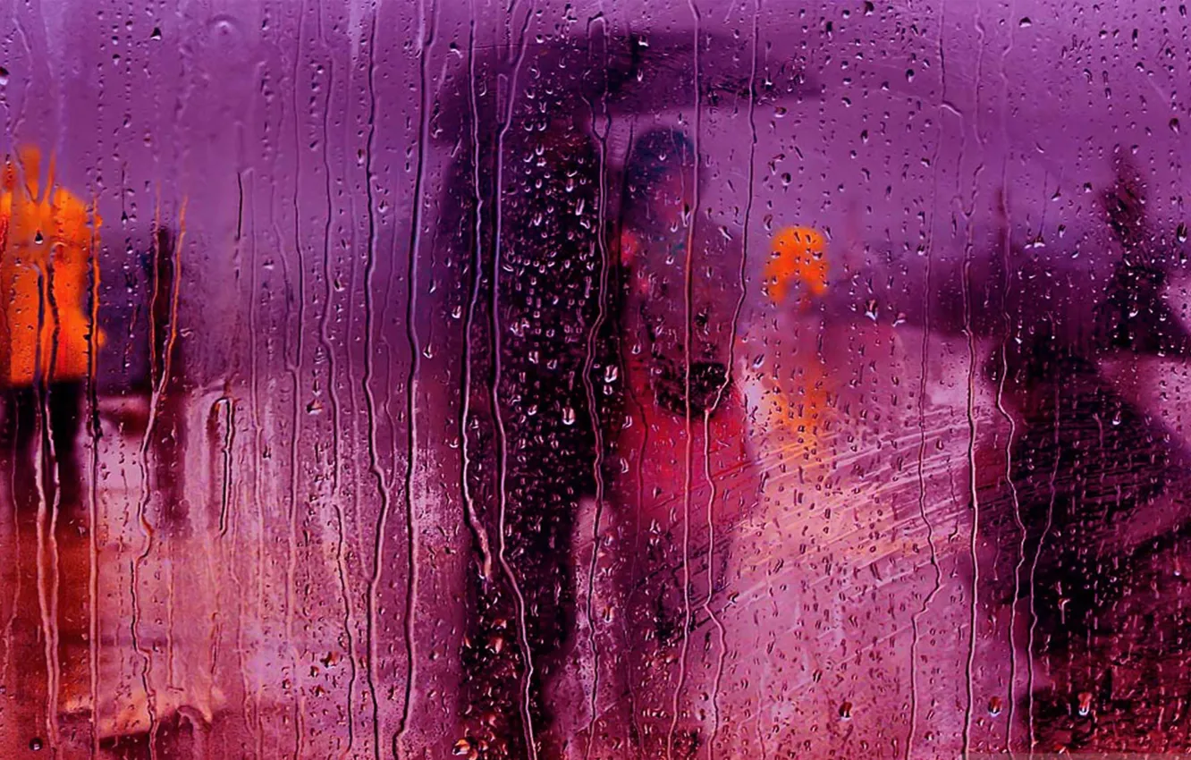 Photo wallpaper glass, drops, rain, street, umbrella, the plot, pair