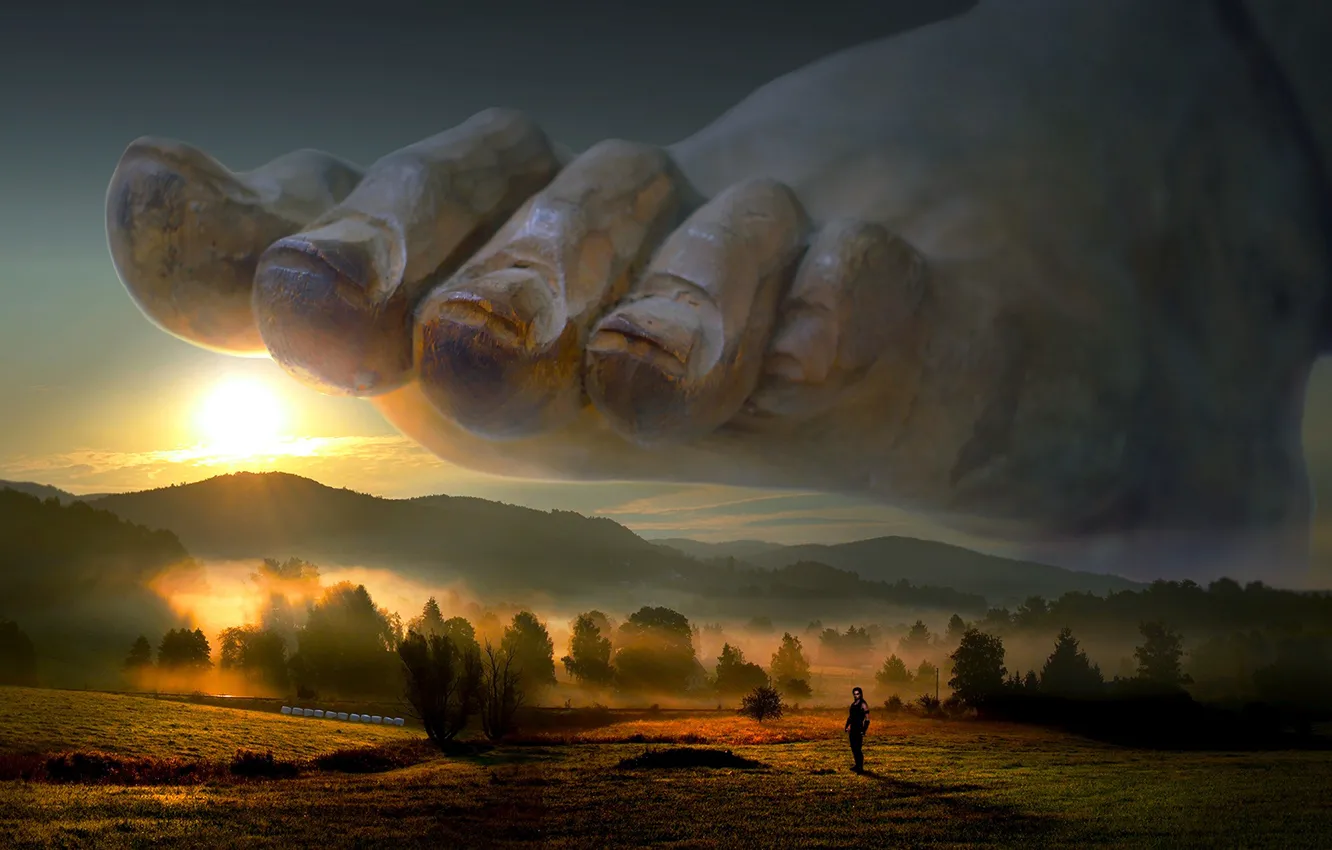 Photo wallpaper field, forest, the sky, light, trees, landscape, mountains, nature