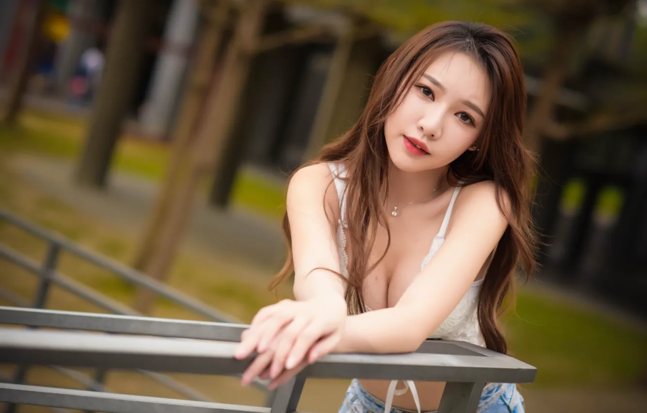 Photo wallpaper girl, cleavage, breast, photo, model, bokeh, lips, brunette