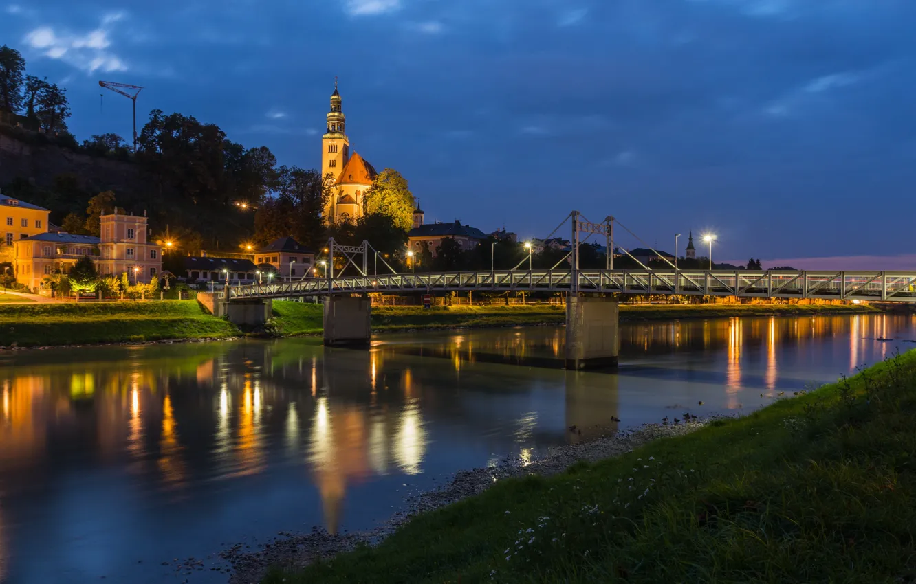 Photo wallpaper bridge, lights, river, the evening, Salzburg, Austria
