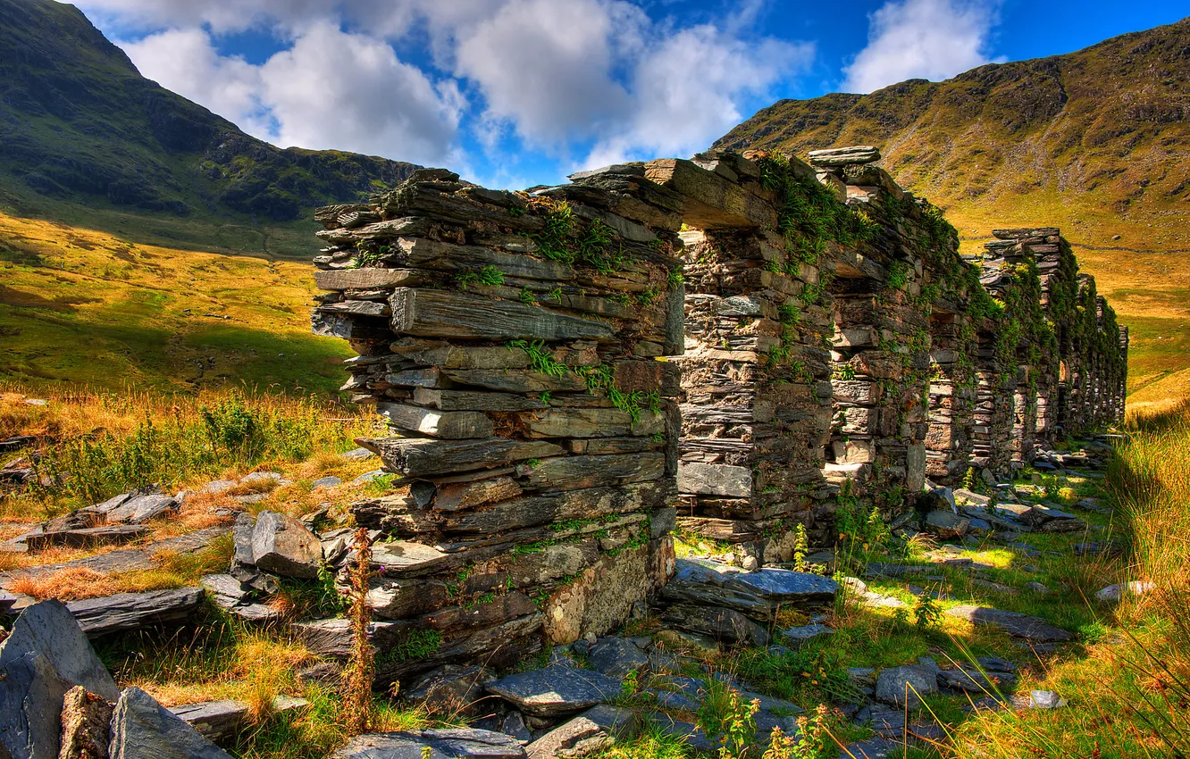 Photo wallpaper the sky, grass, clouds, mountains, stones, the ruins, ruins, Snowdonia