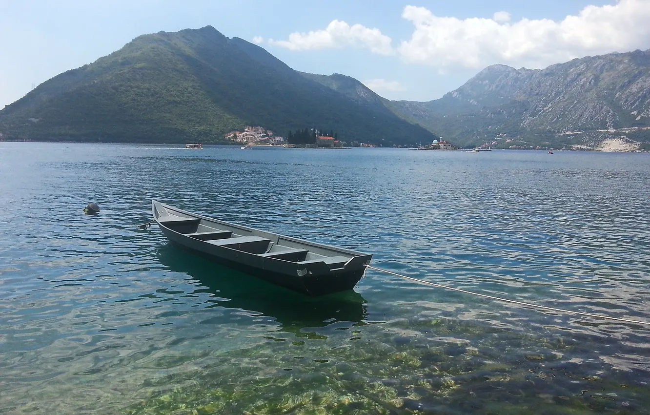 Photo wallpaper sea, mountains, boat, Pryda, Montenegro