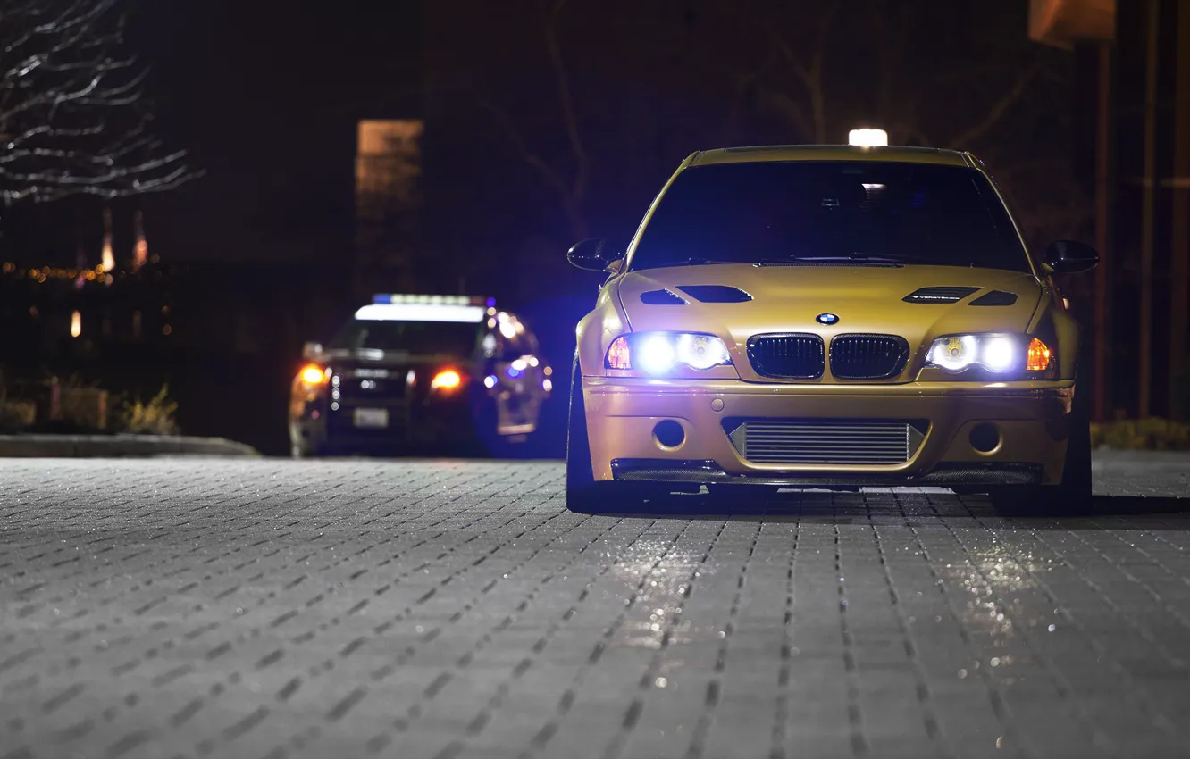 Photo wallpaper Night, E46, M3, Police car, Yellow metallic