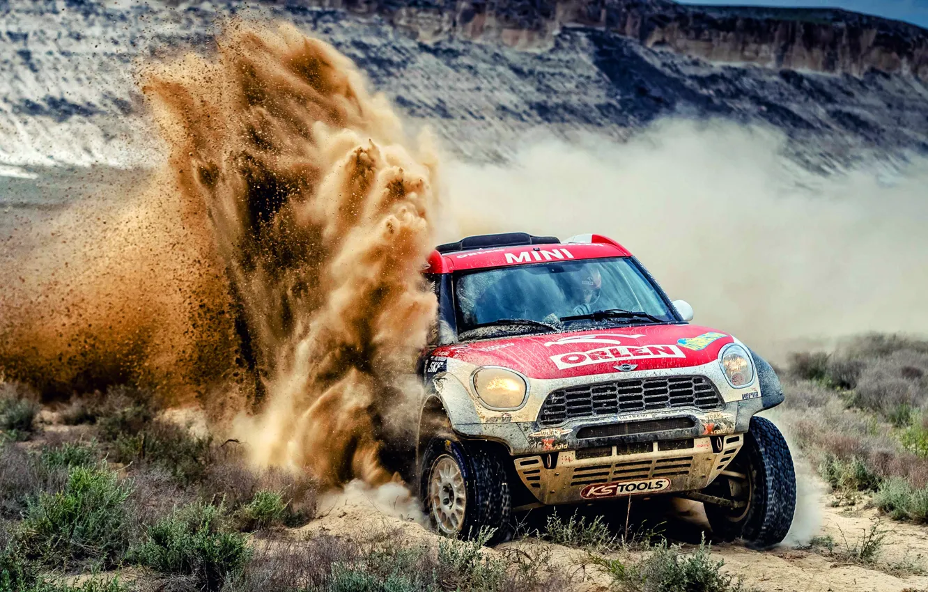 Photo wallpaper sand, machine, auto, race, sport, speed, Mini, dust