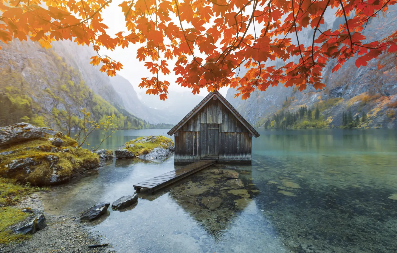 Photo wallpaper autumn, mountains, lake, house, foliage, house, autumn, mountains