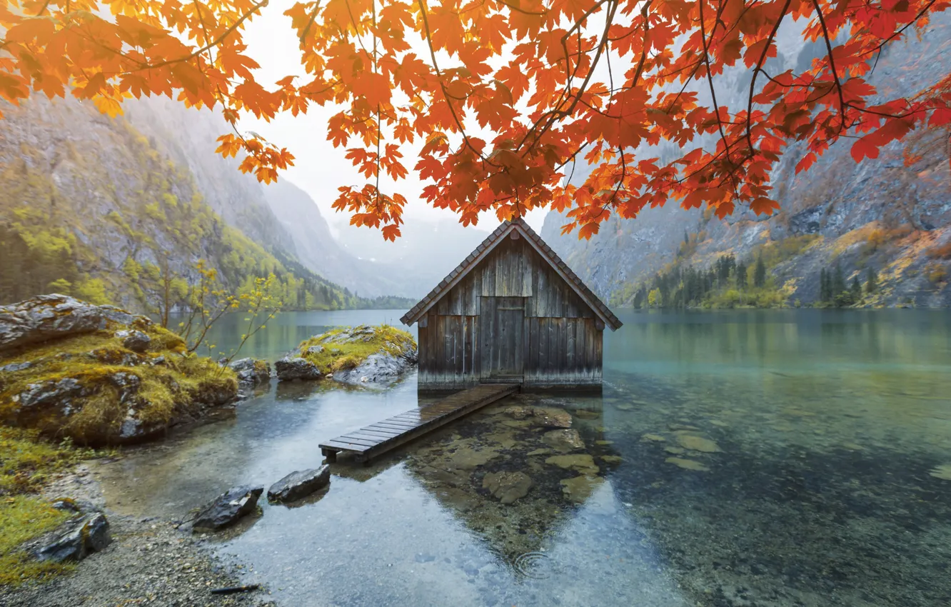 Photo wallpaper autumn, mountains, lake, foliage, home, house, autumn, mountains