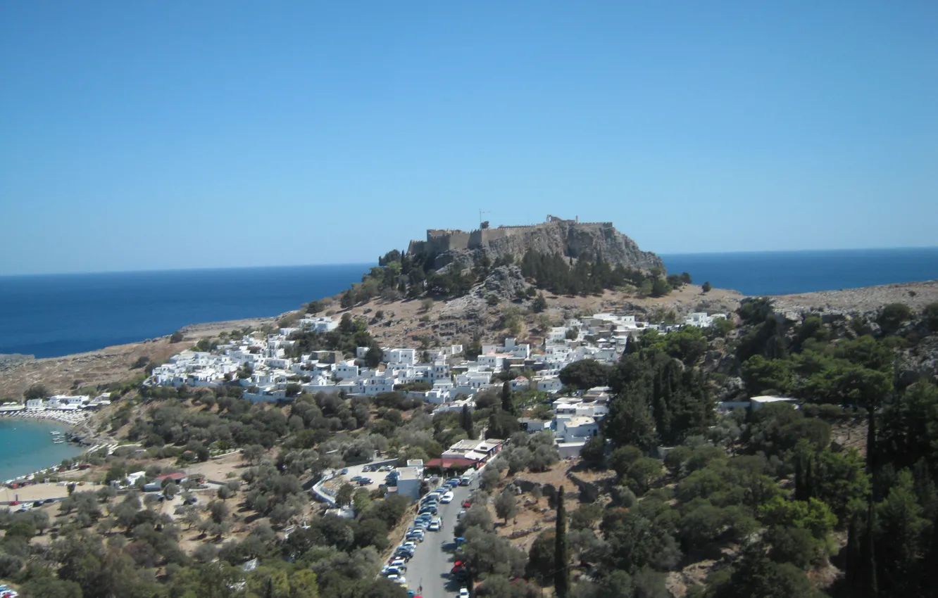 Photo wallpaper sea, Greece, horizon, Lindos, Rhodes, the view of the Acropolis, the city under the Acropolis