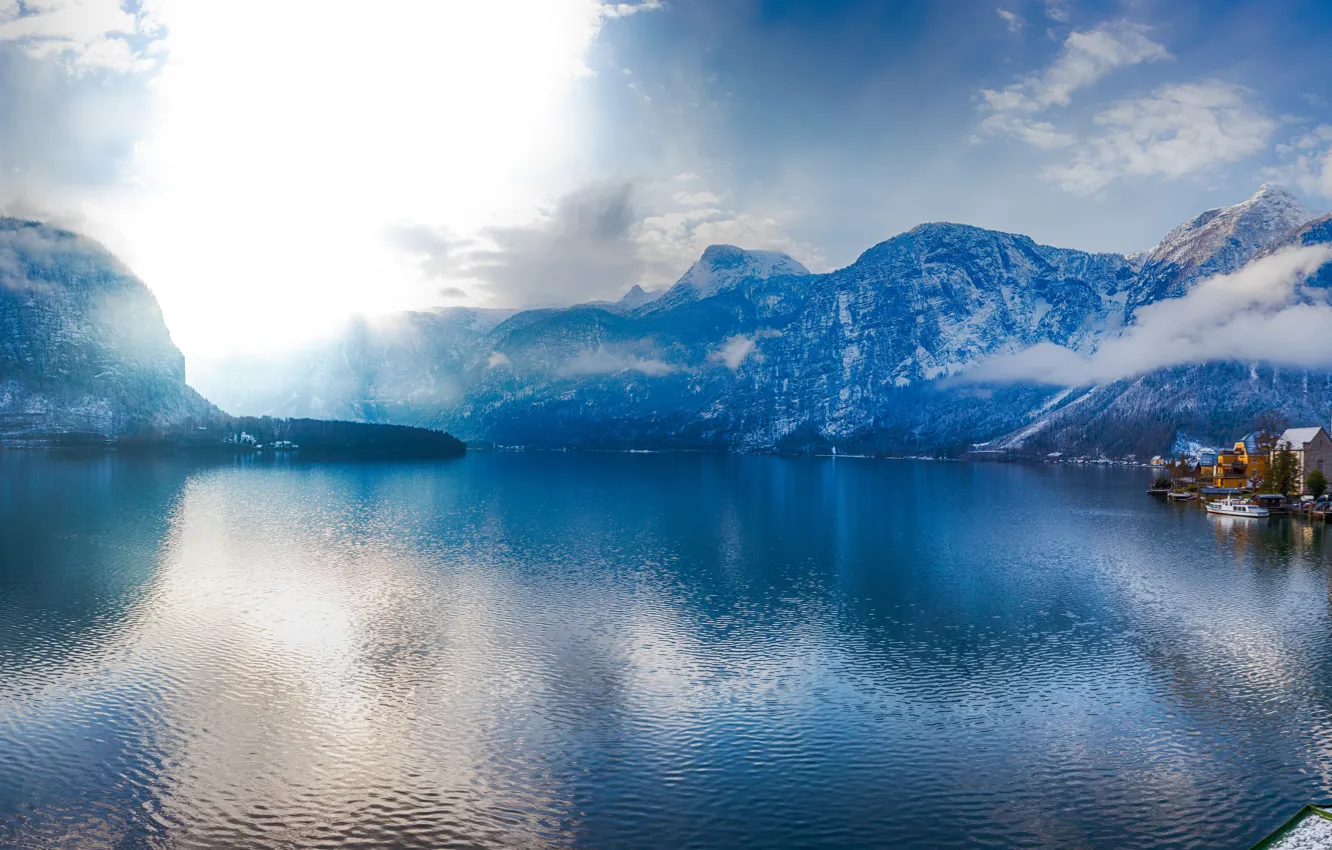 Photo wallpaper mountains, lake, home, Austria, Alps, promenade, Austria, Hallstatt