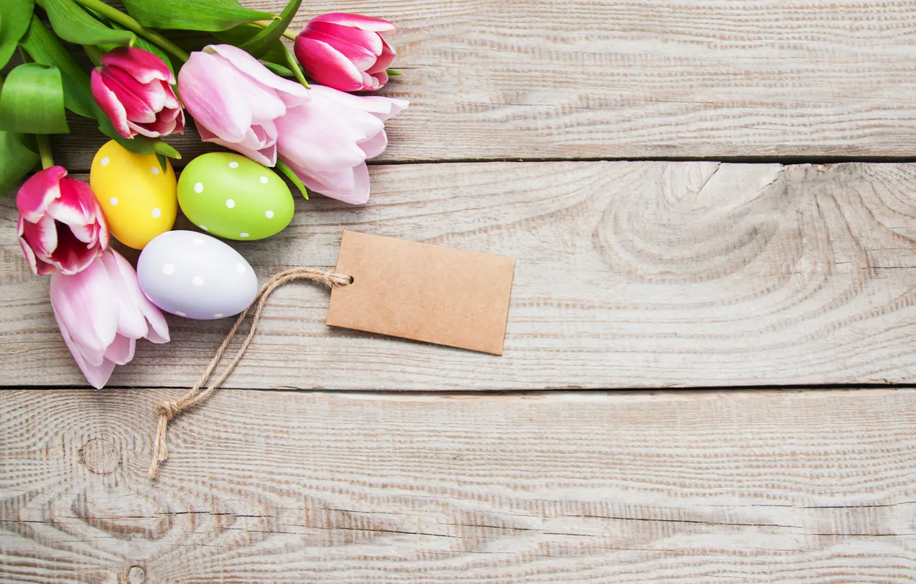 Photo wallpaper flowers, eggs, spring, colorful, Easter, tulips, wood, pink