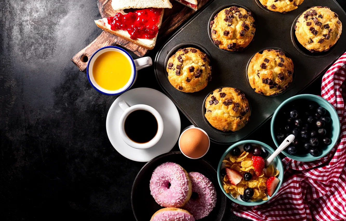 Photo wallpaper coffee, eggs, Breakfast, sweets, donuts, cakes, cereal, cupcakes