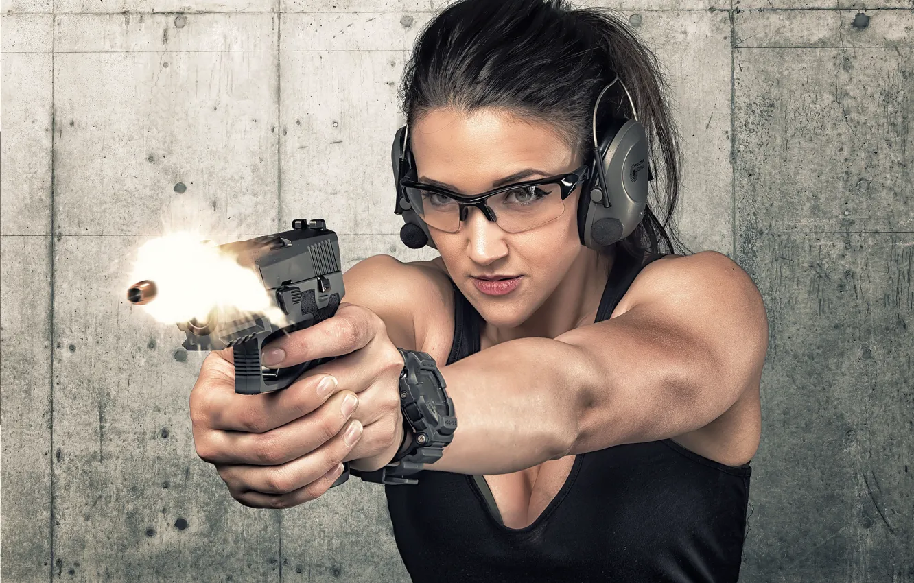 Photo wallpaper face, gun, weapons, background, shot, bullet, headphones, glasses