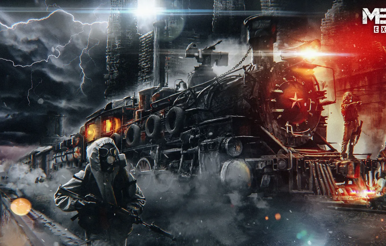 Photo wallpaper road, night, weapons, train, mask, gas mask, Stalker, ak47