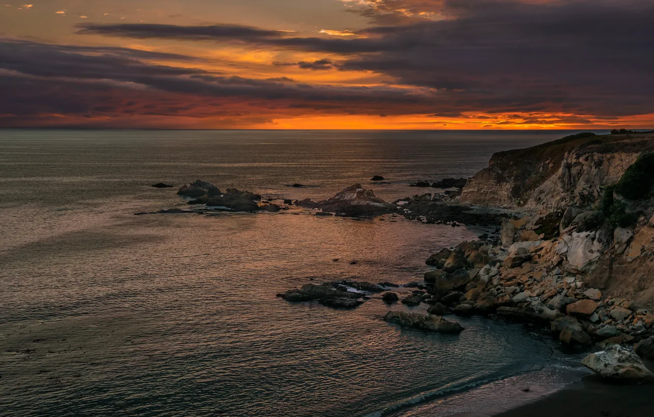 Photo wallpaper sea, sunset, clouds, stones, rocks, shore, coast, the evening