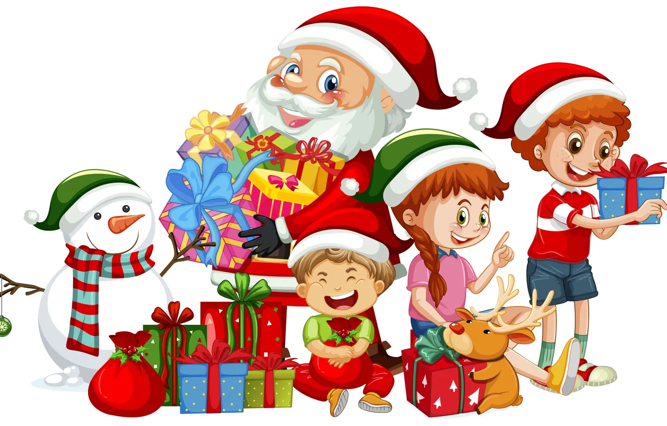 Photo wallpaper joy, children, smile, box, gift, new year, deer, Christmas