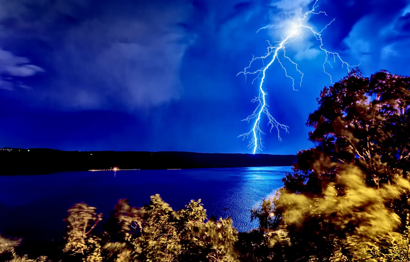 Photo wallpaper night, river, lightning, storm, New Jersey, Hudson
