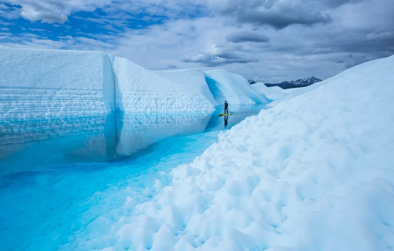 Photo wallpaper ice, transparency, man, Alaska, Paddling Tranquility