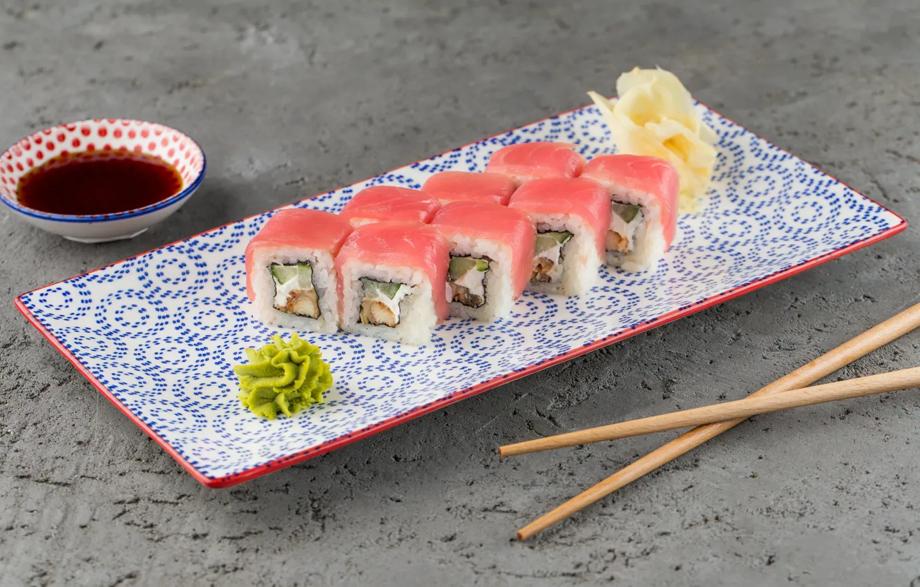 Photo wallpaper fish, rolls, ginger, soy sauce, wasabi