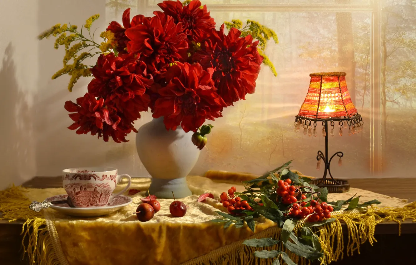 Photo wallpaper flowers, lamp, Cup, still life, table, Rowan, bunches, dahlias