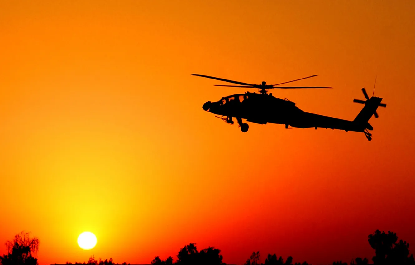 Photo wallpaper sunset, silhouette, helicopter, Apache, red haze, AN-64A
