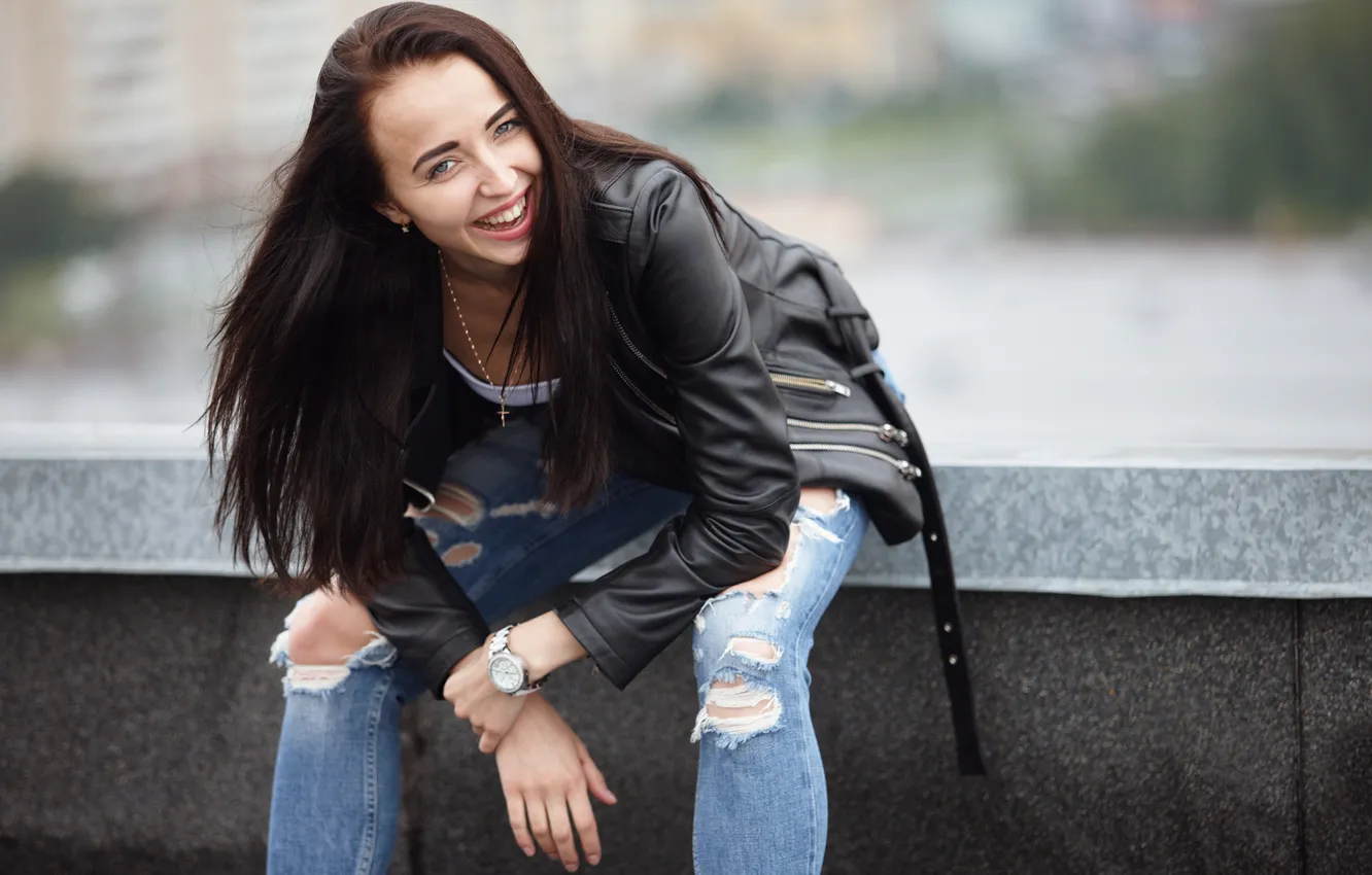 Photo wallpaper look, girl, face, hair, jeans, jacket, Vika