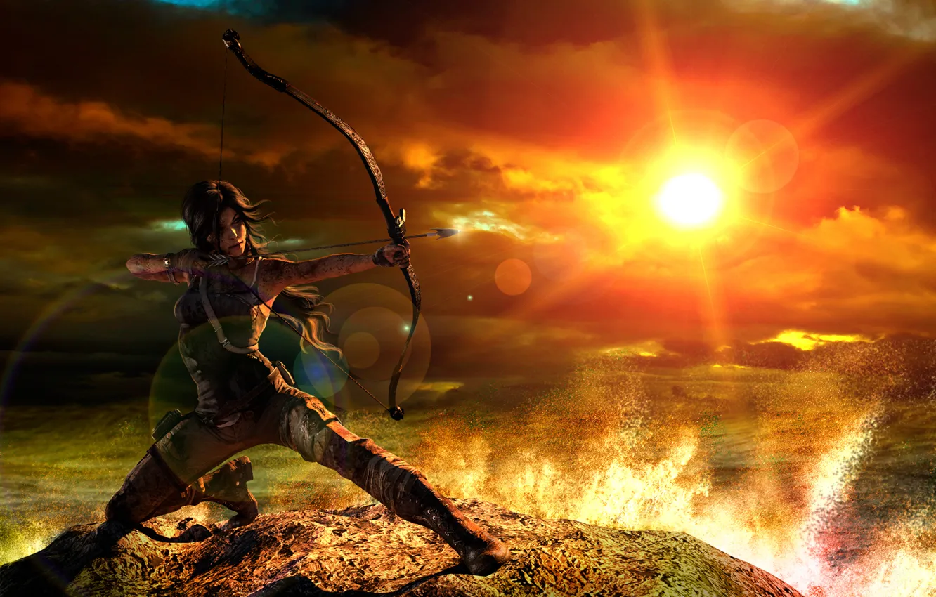 Photo wallpaper girl, sunset, bow, Tomb Raider, Lara Croft