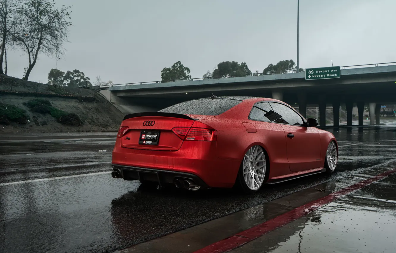 Photo wallpaper Audi, red, road, rain, bridge, stance, Audi S5, Rear