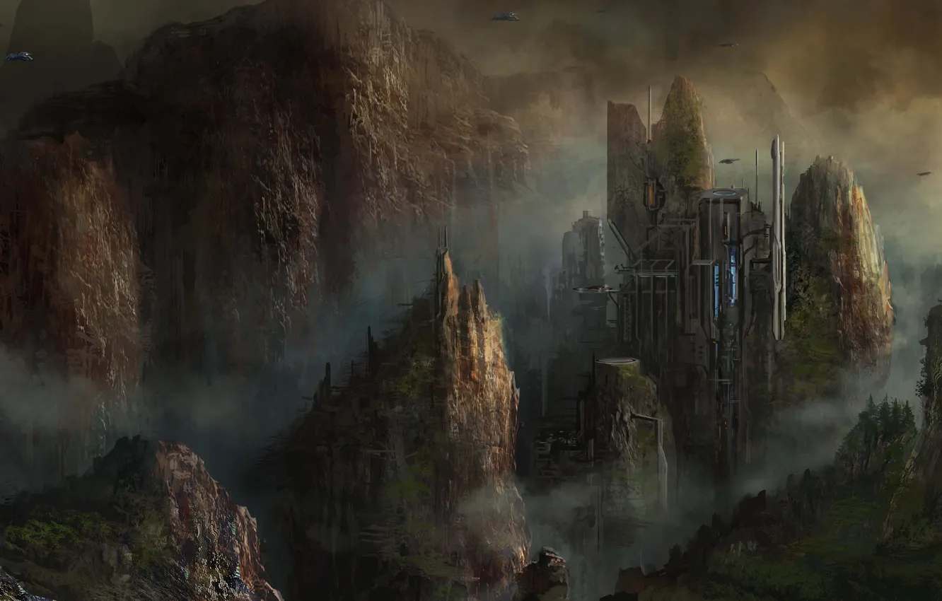 Photo wallpaper the city, rocks, ship, art, cloudminedesign