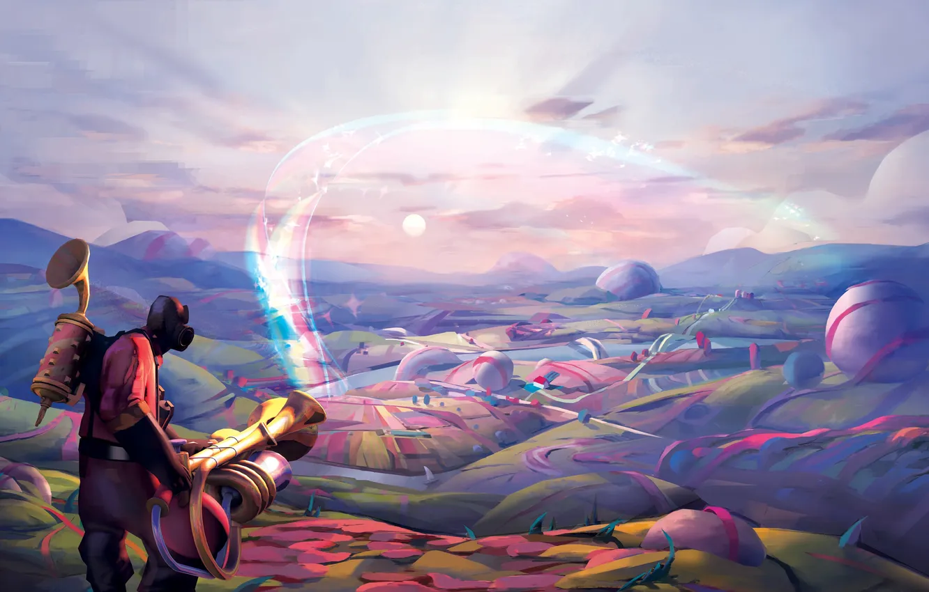 Photo wallpaper field, purple, clouds, circles, mountains, strip, river, weapons