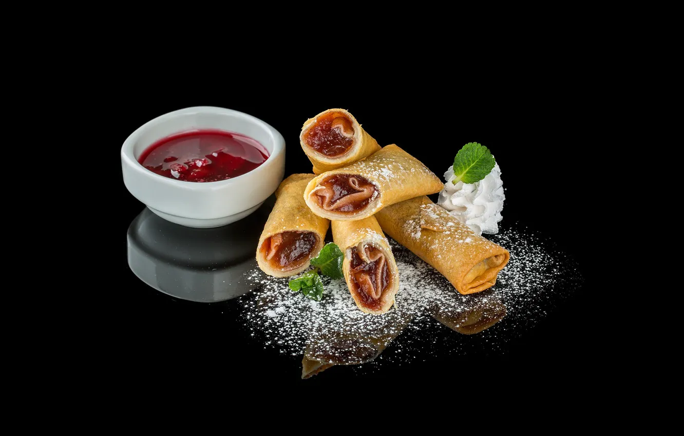 Photo wallpaper cream, mint, jam, pancakes