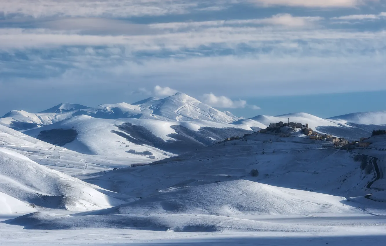 Photo wallpaper sky, Italy, blue, snow, Umbria, Castelluccio, norcia