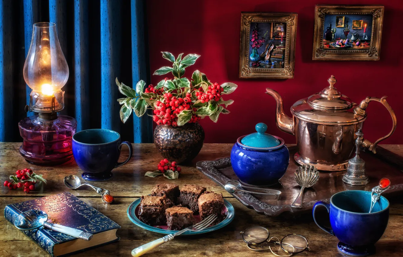 Photo wallpaper style, berries, lamp, picture, kettle, glasses, mug, book