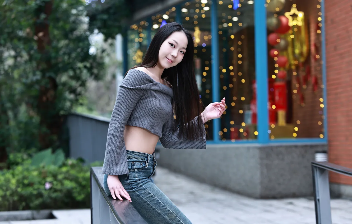 Photo wallpaper girl, pose, jeans, blouse, Asian