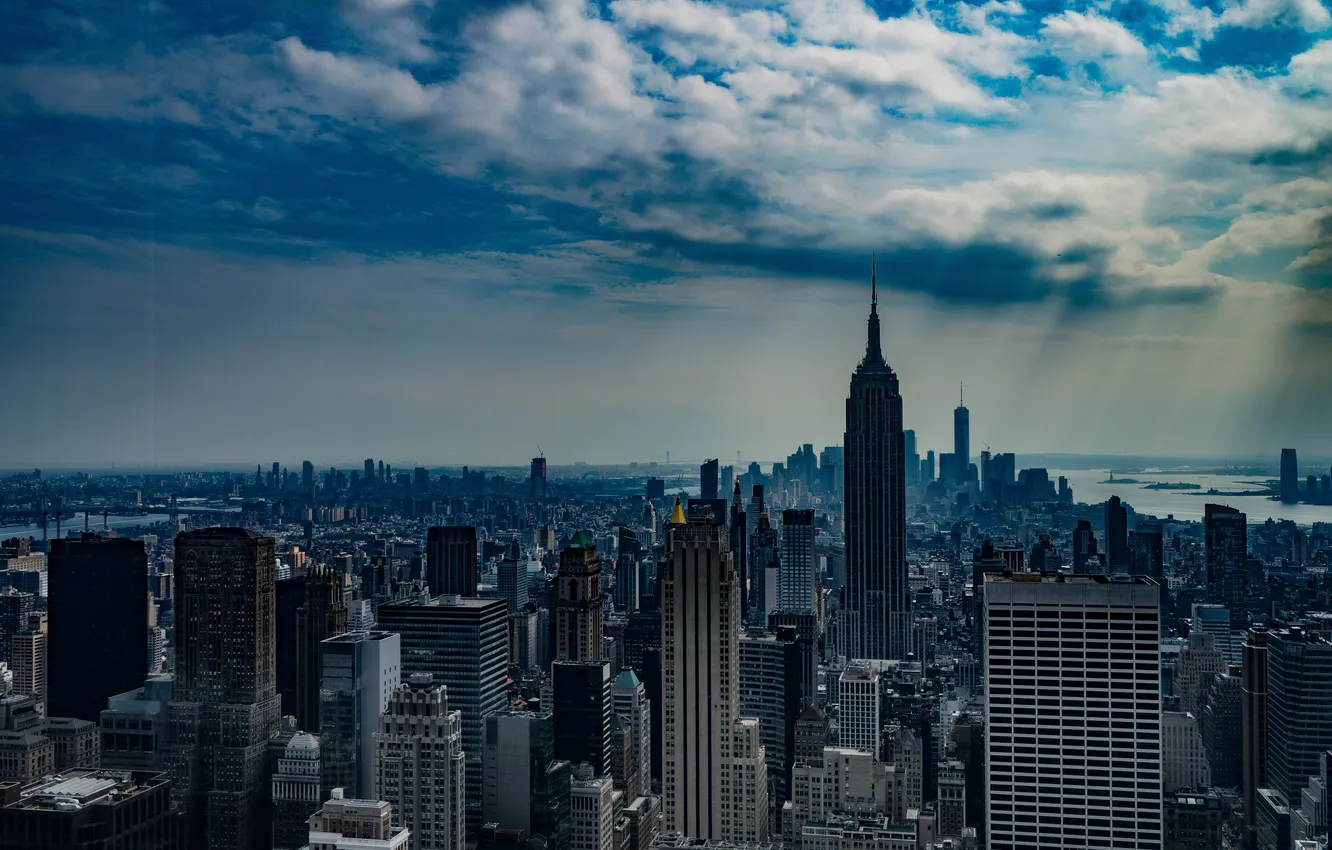 Photo wallpaper the sky, clouds, New York, skyscrapers, USA, architecture, The Empire state building, Bird's-eye view