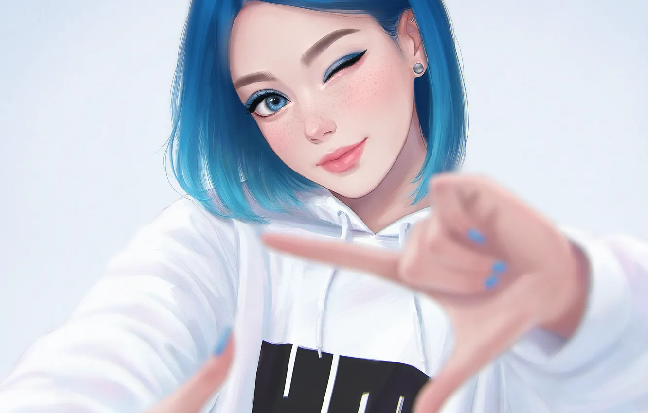 Photo wallpaper figure, hands, blue hair