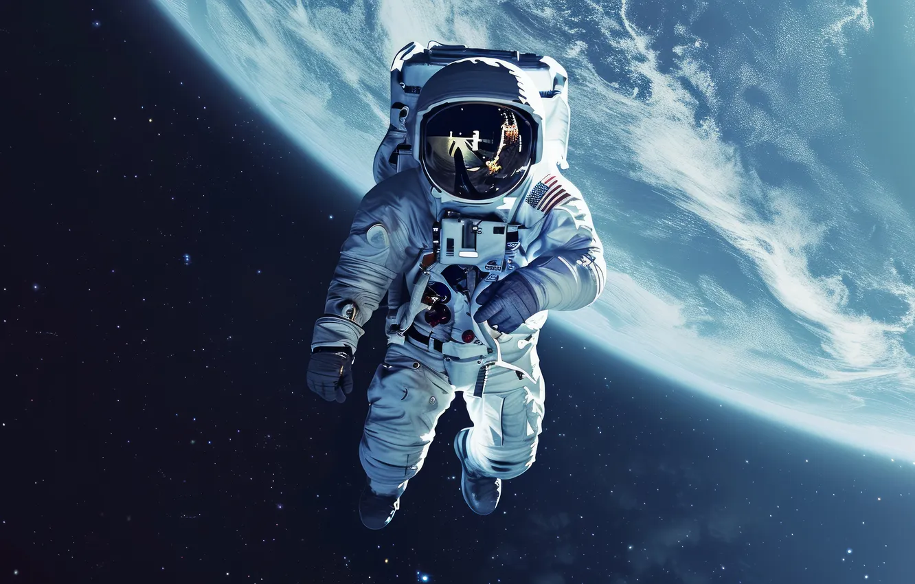 Photo wallpaper space, flight, lights, fiction, earth, people, planet, astronaut